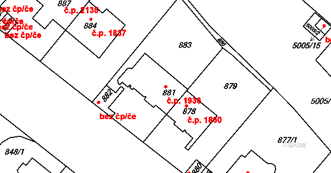 Smíchov 1936, Praha na parcele st. 881 v KÚ Smíchov, Katastrální mapa