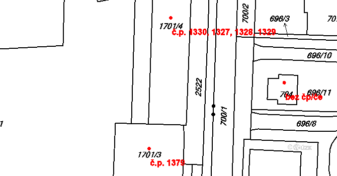Vršovice 1327,1328,1329,1330, Praha na parcele st. 1701/4 v KÚ Vršovice, Katastrální mapa