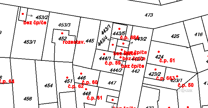 České Budějovice 4 59, České Budějovice na parcele st. 444/1 v KÚ České Budějovice 4, Katastrální mapa