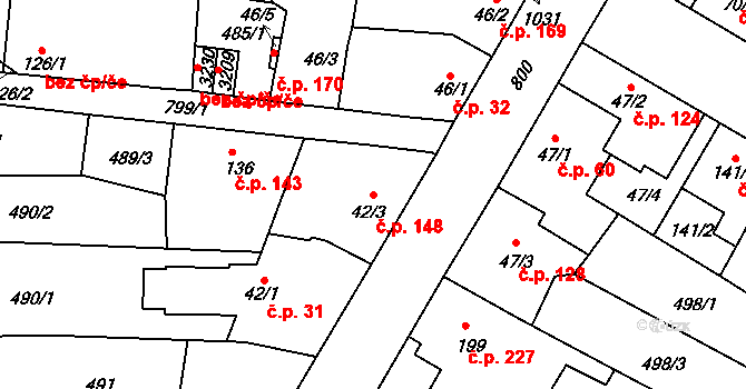 Sezimovo Ústí 148 na parcele st. 42/3 v KÚ Sezimovo Ústí, Katastrální mapa