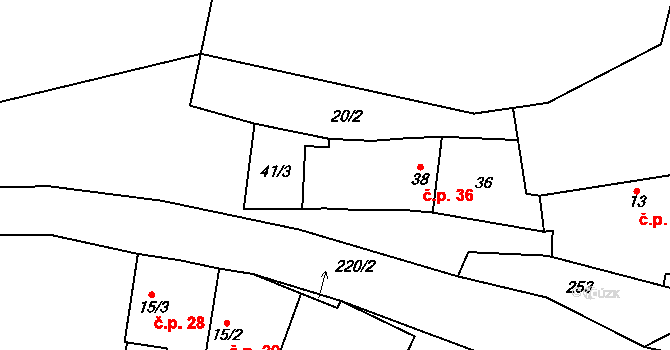 Miškovice 36, Třebovle na parcele st. 38 v KÚ Miškovice u Kouřimi, Katastrální mapa