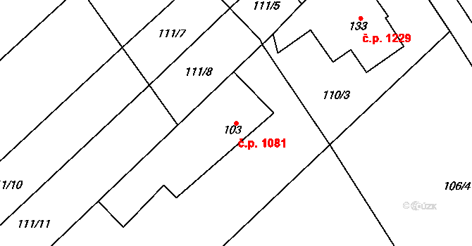 Litovel 1081 na parcele st. 103 v KÚ Chořelice, Katastrální mapa