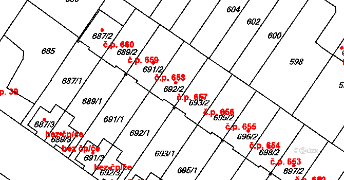 Jinonice 657, Praha na parcele st. 692/2 v KÚ Jinonice, Katastrální mapa