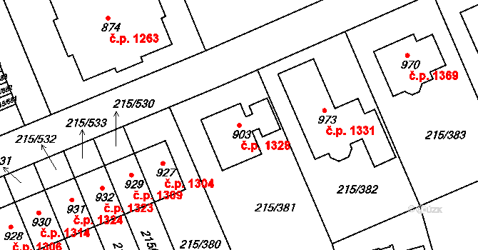 Rudná 1328 na parcele st. 903 v KÚ Hořelice, Katastrální mapa
