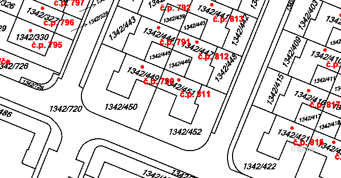 Jinonice 811, Praha na parcele st. 1342/451 v KÚ Jinonice, Katastrální mapa