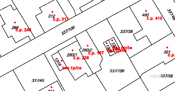 Heřmanice 187, Ostrava na parcele st. 280/2 v KÚ Heřmanice, Katastrální mapa