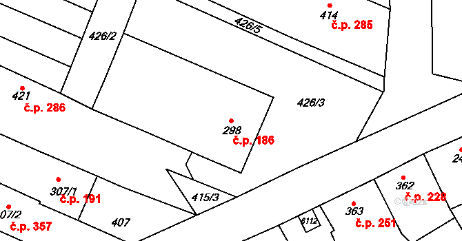 Popovice 186 na parcele st. 298 v KÚ Popovice u Uherského Hradiště, Katastrální mapa