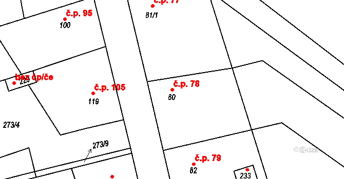 Řestoky 78 na parcele st. 80 v KÚ Řestoky, Katastrální mapa
