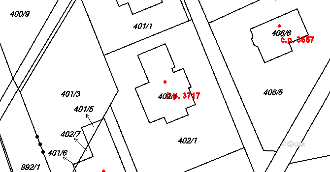Znojmo 3717 na parcele st. 402/4 v KÚ Znojmo-Louka, Katastrální mapa