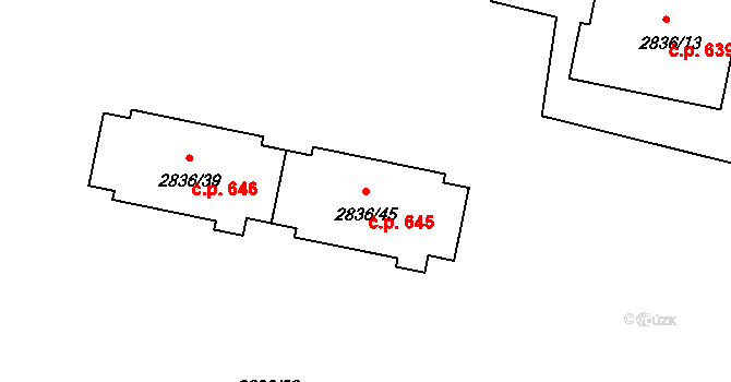 Kamenice nad Lipou 645 na parcele st. 2836/45 v KÚ Kamenice nad Lipou, Katastrální mapa