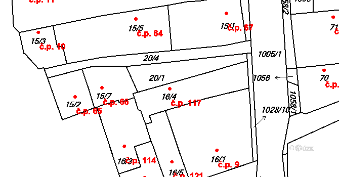 Veltěže 117 na parcele st. 16/4 v KÚ Veltěže, Katastrální mapa