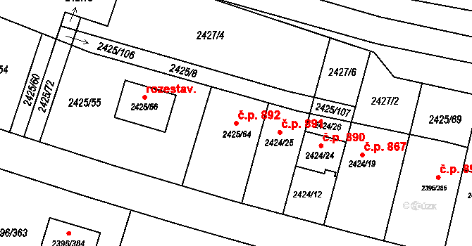 Veverská Bítýška 892 na parcele st. 2425/64 v KÚ Veverská Bítýška, Katastrální mapa