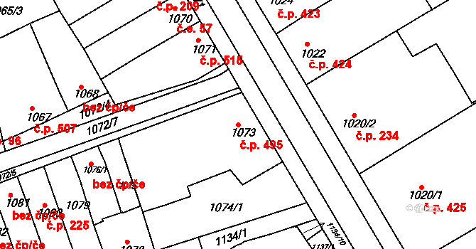 Hrušky 495 na parcele st. 1073 v KÚ Hrušky, Katastrální mapa