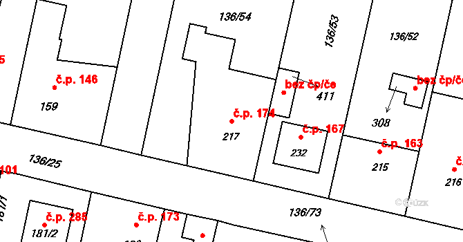 Příchovice 174 na parcele st. 217 v KÚ Příchovice u Přeštic, Katastrální mapa