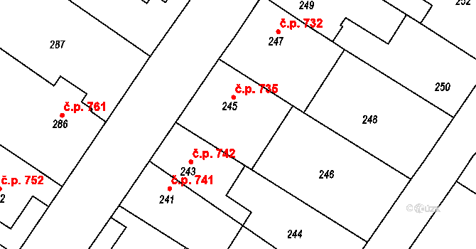 Sadská 735 na parcele st. 245 v KÚ Sadská, Katastrální mapa