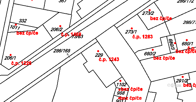 Švermov 1243, Kladno na parcele st. 229/1 v KÚ Hnidousy, Katastrální mapa