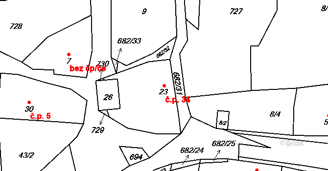Juřinka 34, Valašské Meziříčí na parcele st. 23 v KÚ Juřinka, Katastrální mapa