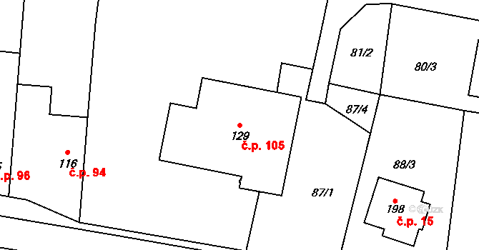 Kladeruby 105 na parcele st. 129 v KÚ Kladeruby, Katastrální mapa