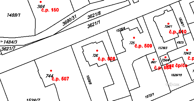 Rožnov pod Radhoštěm 508 na parcele st. 726 v KÚ Rožnov pod Radhoštěm, Katastrální mapa
