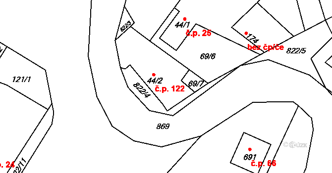 Loučeň 122 na parcele st. 44/2 v KÚ Loučeň, Katastrální mapa