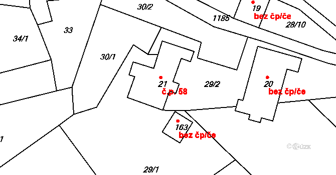 Horská Kamenice 58, Železný Brod na parcele st. 21 v KÚ Horská Kamenice, Katastrální mapa