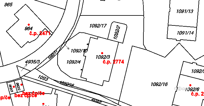 Smíchov 2774, Praha na parcele st. 1092/3 v KÚ Smíchov, Katastrální mapa