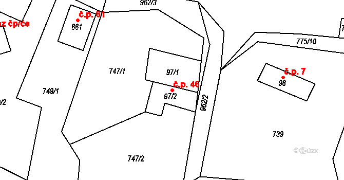 Halouny 46, Svinaře na parcele st. 97/2 v KÚ Svinaře, Katastrální mapa
