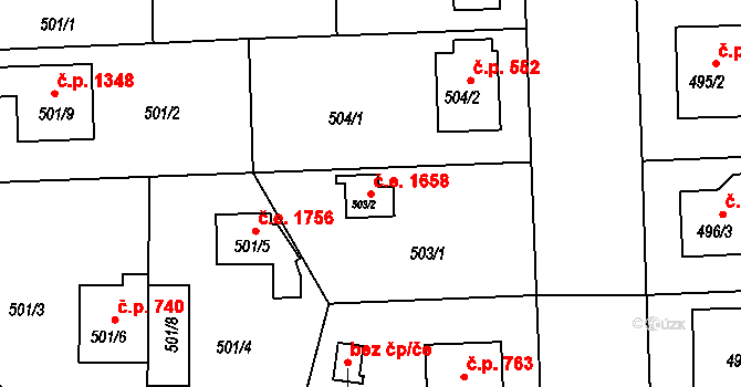 Černice 1658, Plzeň na parcele st. 503/2 v KÚ Bručná, Katastrální mapa