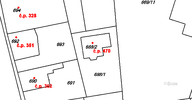 Libuš 470, Praha na parcele st. 688/2 v KÚ Libuš, Katastrální mapa
