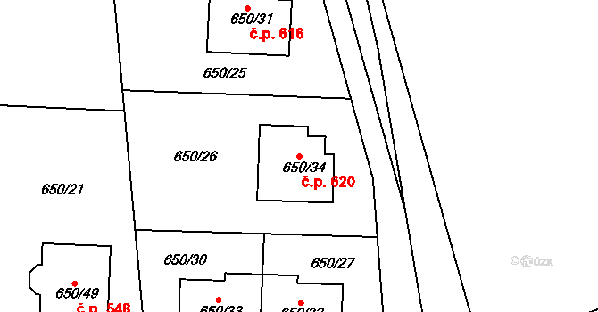 Dubeč 620, Praha na parcele st. 650/34 v KÚ Dubeč, Katastrální mapa