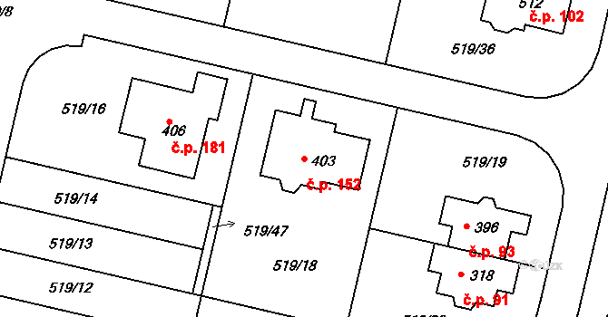 Horoušánky 152, Horoušany na parcele st. 403 v KÚ Horoušany, Katastrální mapa
