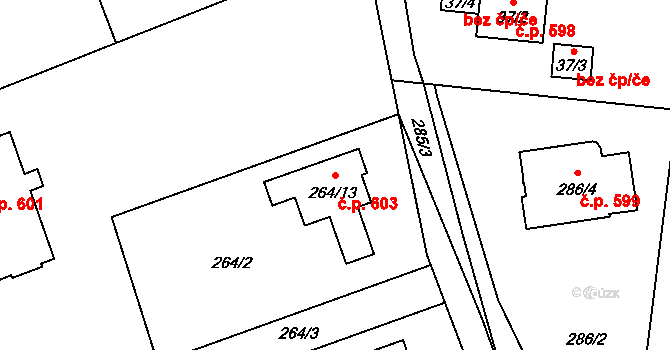 Plesná 603, Ostrava na parcele st. 264/13 v KÚ Nová Plesná, Katastrální mapa