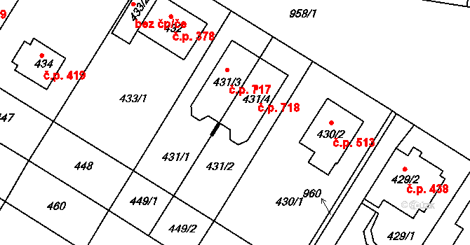Hostavice 718, Praha na parcele st. 431/4 v KÚ Hostavice, Katastrální mapa