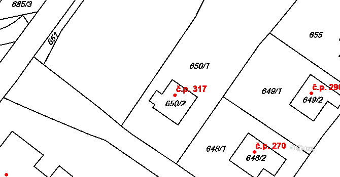 Děčín VII-Chrochvice 317, Děčín na parcele st. 650/2 v KÚ Chrochvice, Katastrální mapa
