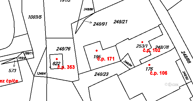 Hrochův Týnec 171 na parcele st. 195 v KÚ Hrochův Týnec, Katastrální mapa
