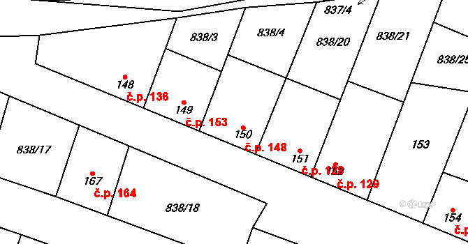 Olovnice 148 na parcele st. 150 v KÚ Olovnice, Katastrální mapa
