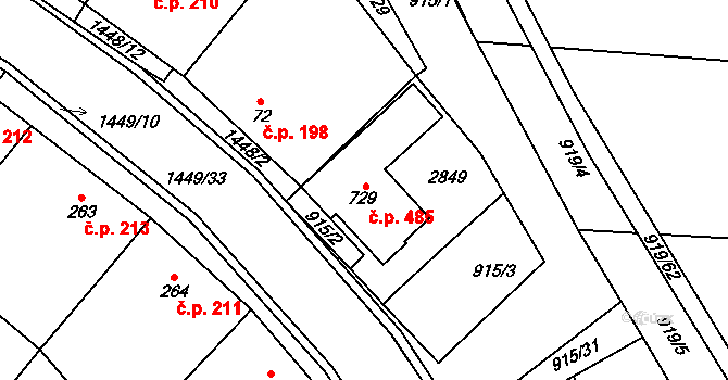 Krumvíř 485 na parcele st. 729 v KÚ Krumvíř, Katastrální mapa