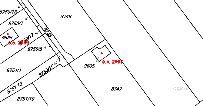 Hodonín 2967 na parcele st. 9805 v KÚ Hodonín, Katastrální mapa