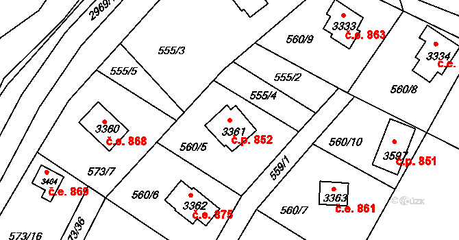 Ostravice 852 na parcele st. 3361 v KÚ Staré Hamry 2, Katastrální mapa