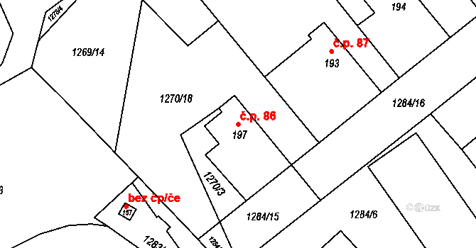 Soběchleby 86, Blšany na parcele st. 197 v KÚ Soběchleby u Podbořan, Katastrální mapa