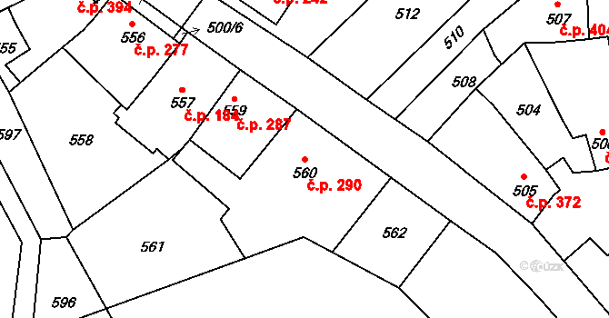 Koryčany 290 na parcele st. 560 v KÚ Koryčany, Katastrální mapa