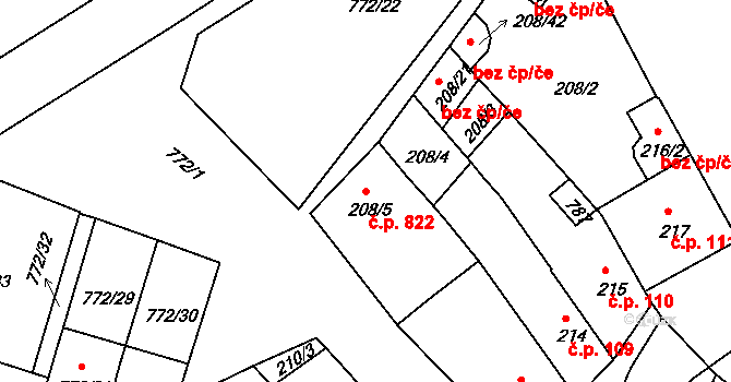Holešov 822 na parcele st. 208/5 v KÚ Holešov, Katastrální mapa