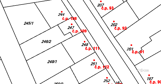 Tvorovice 111 na parcele st. 248 v KÚ Tvorovice, Katastrální mapa