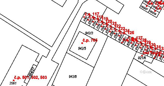 Hrušovany u Brna 765 na parcele st. 942/5 v KÚ Hrušovany u Brna, Katastrální mapa