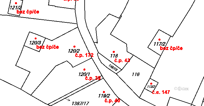 Vranov nad Dyjí 43 na parcele st. 118 v KÚ Vranov nad Dyjí, Katastrální mapa