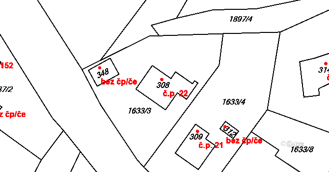 Nesměřice 22, Zruč nad Sázavou na parcele st. 308 v KÚ Nesměřice, Katastrální mapa