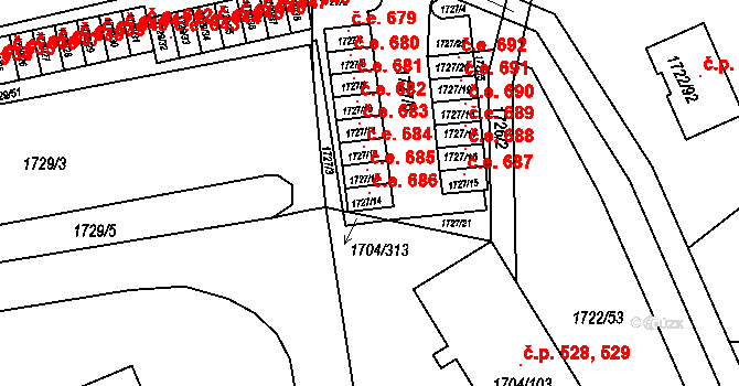 Miřetice u Klášterce nad Ohří 686, Klášterec nad Ohří na parcele st. 1727/14 v KÚ Miřetice u Klášterce nad Ohří, Katastrální mapa