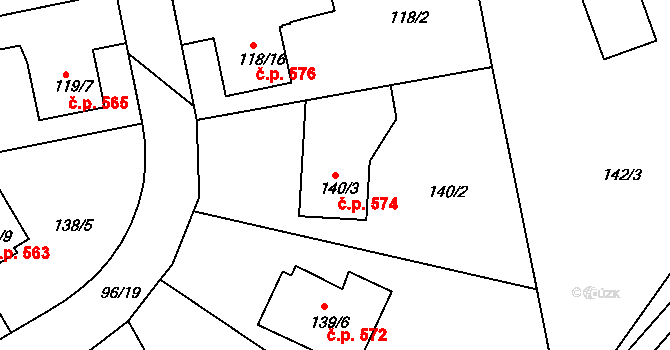 Lyžbice 574, Třinec na parcele st. 140/3 v KÚ Lyžbice, Katastrální mapa