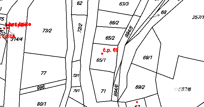 Radvanec 69 na parcele st. 65/1 v KÚ Radvanec, Katastrální mapa