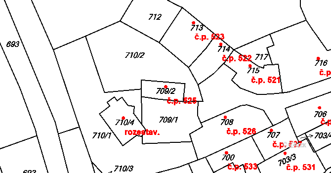 Mistřín 525, Svatobořice-Mistřín na parcele st. 709/2 v KÚ Mistřín, Katastrální mapa